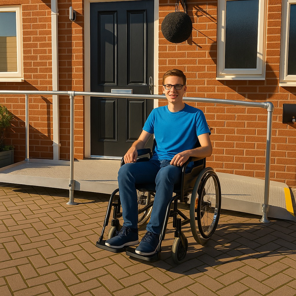 Modular wheelchair access ramp with handrails installed at a residential property in Leamington Spa, Warwickshire.