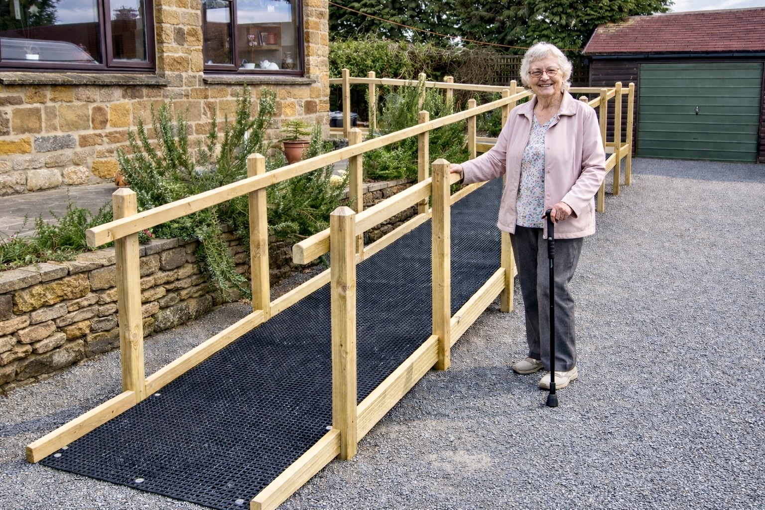 Timber wheelchair access ramps with handrails installed at a home entrance in Leamington Spa.