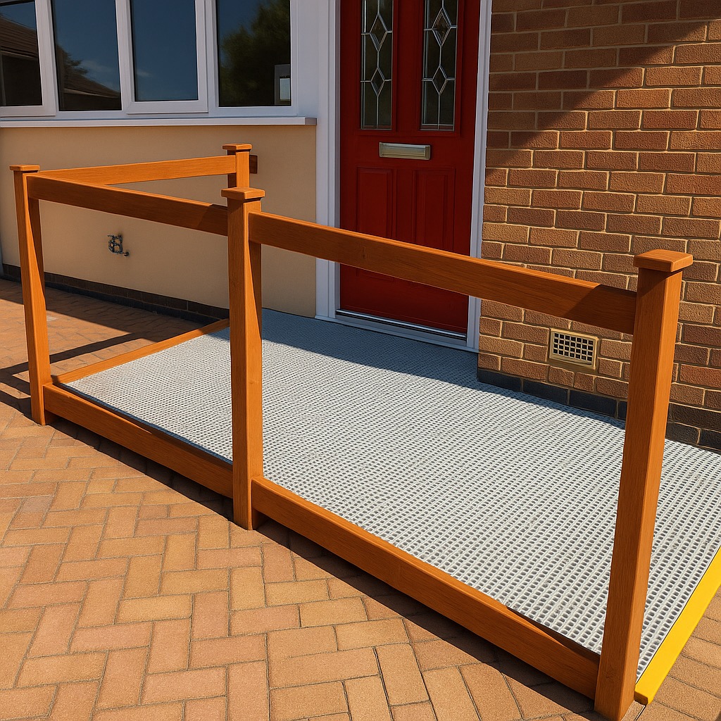 Timber wheelchair access ramps with handrails installed at a home entrance in Warwickshire