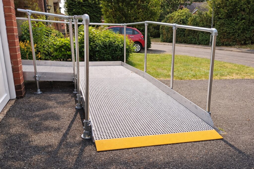 Bespoke modular wheelchair ramp with safety handrails fitted to a home in Evesham.