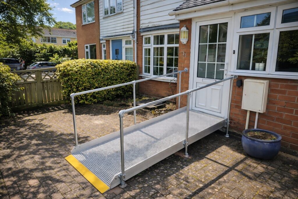 Bespoke modular wheelchair ramp with safety handrails fitted to a home in Solihull.