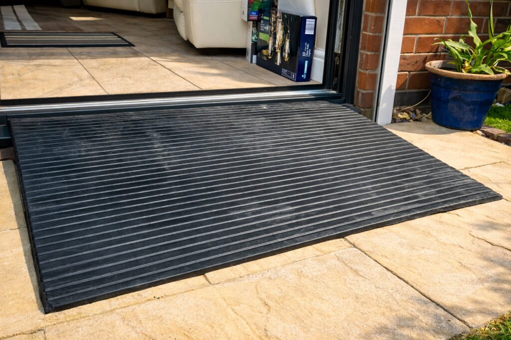 Threshold wheelchair ramp providing step-free access to a patio door at a residential property in Stratford-upon-Avon, Warwickshire.
