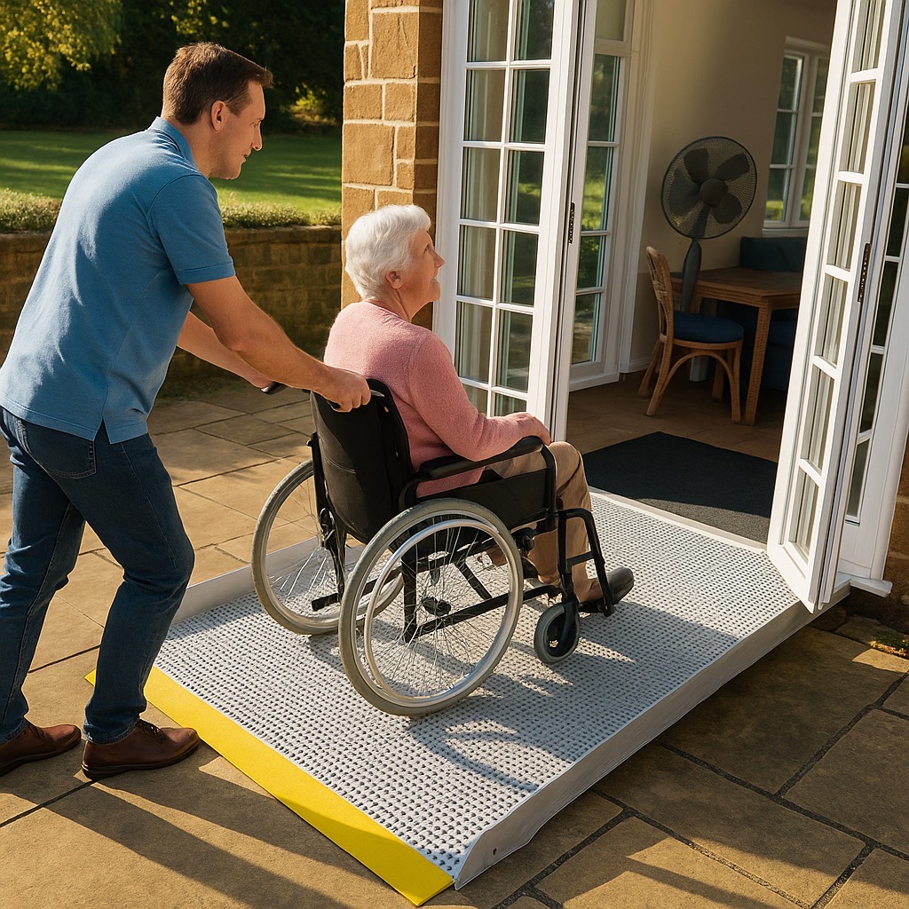 Threshold wheelchair ramp providing step-free access to a patio doors at a residential property in Warmington, Oxfordshire.