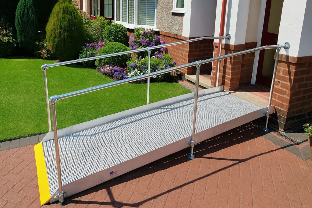 Bespoke modular wheelchair ramp with safety handrails fitted to a home in Redditch.