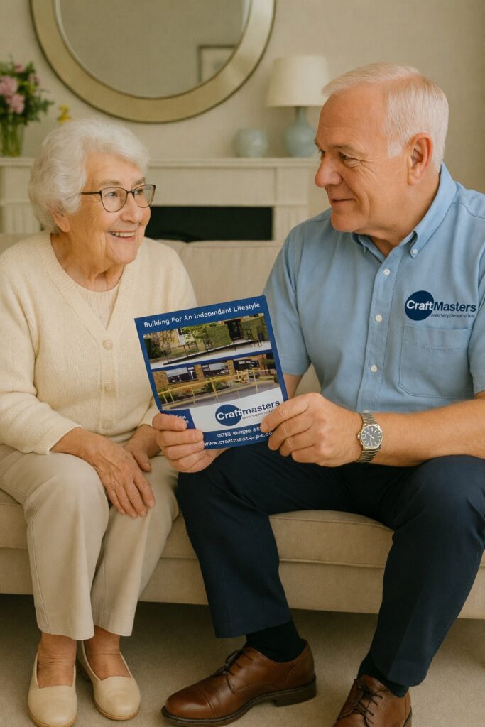 Craftmasters carrying out a home survey for a wheelchair ramp at a property in Bedworth.