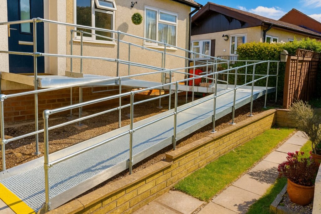 Modular wheelchair access ramp with handrails installed at a residential park home in Wellesbourne, Warwickshire.