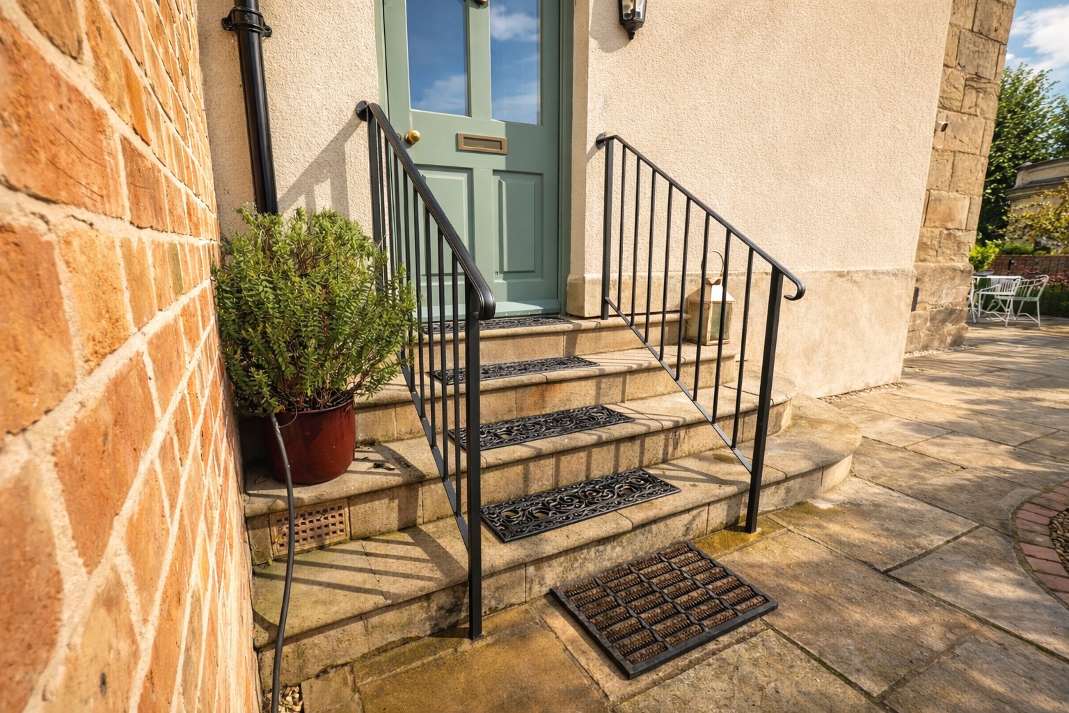Bespoke handrails to the front door of a private home in Warwick.