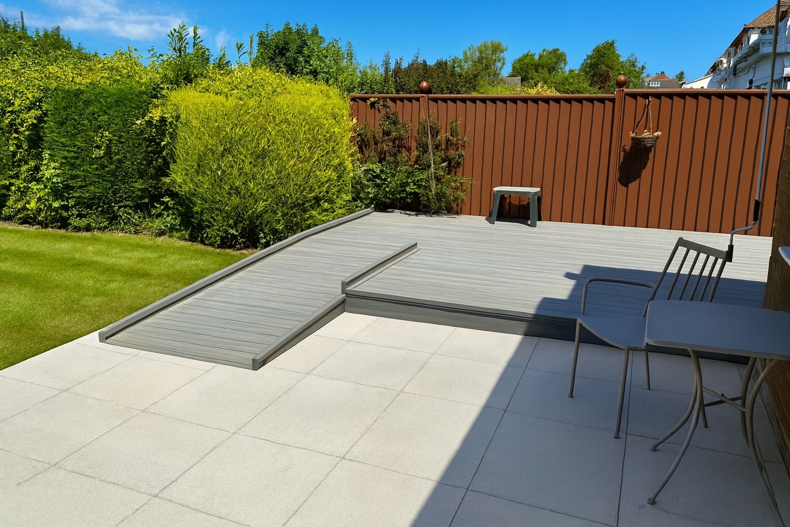 Bespoke composite ramp providing safe and seamless access to a garden in Solihull.