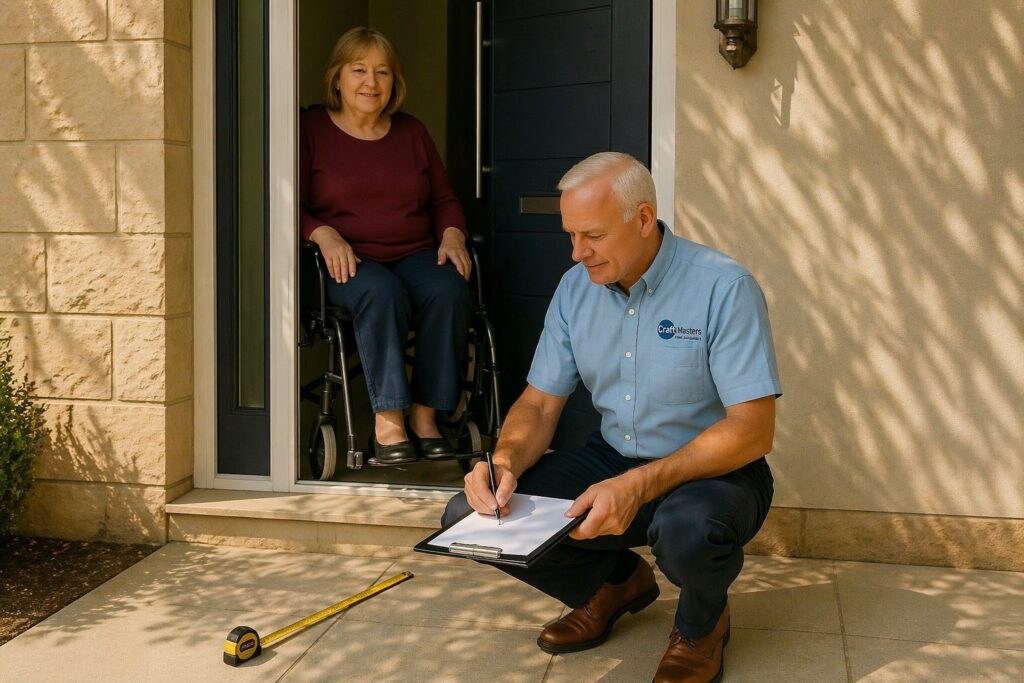 Wheelchair ramp survey being carried out at a residential property in Leamington Spa, Warwickshire, assessing access requirements for a bespoke modular wheelchair ramp installation.