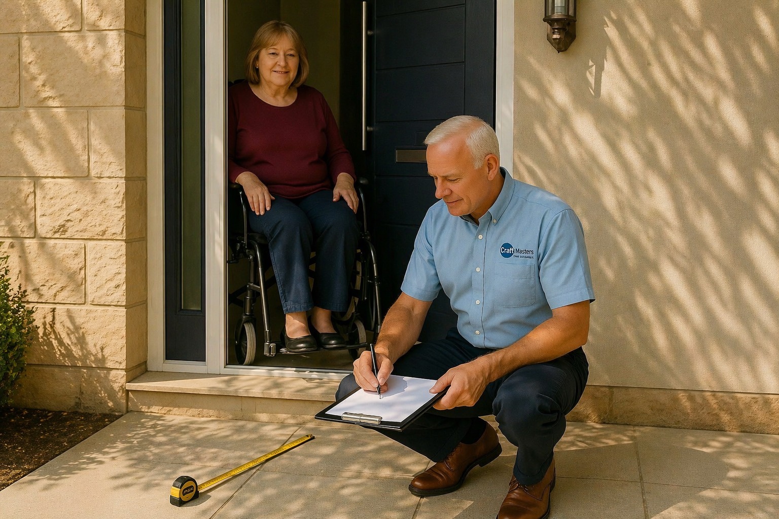 Wheelchair ramp survey being carried out at a residential property in Leamington Spa, Warwickshire, assessing access requirements for a bespoke modular wheelchair ramp installation.